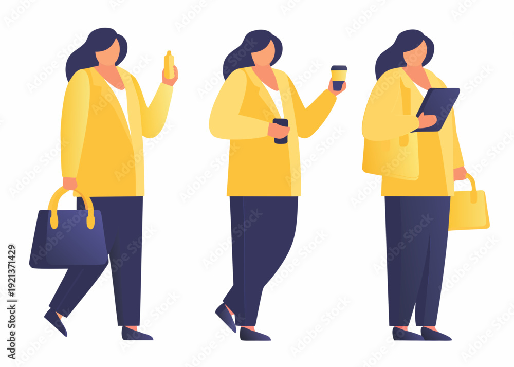Fototapeta premium Three women in yellow blazers shown in different poses and activities