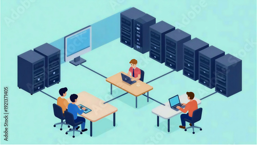 A group of people working together in a modern server room