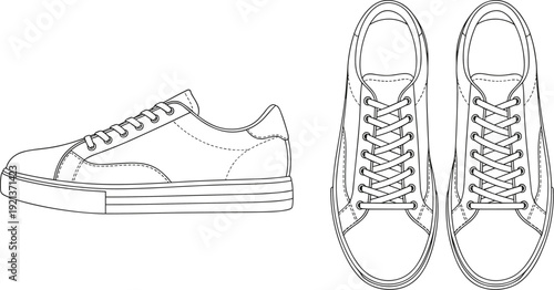 Sneaker technical illustration set, side and top views with laces, stitching, toe cap, sole details, footwear design artwork, flat vector illustration