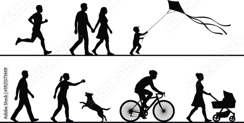 Family life silhouette illustration showing people walking running cycling playing with dog child flying kite and baby stroller activities outdoor daily lifestyle