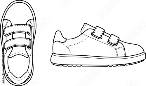 Sneaker technical illustration set, side and top views with Velcro straps, padded collar, textured sole, footwear design artwork, flat vector illustration
