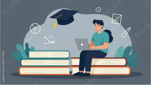 A young man sitting on books with a laptop and graduation cap