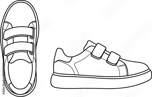 Sneaker technical illustration set, side and top views with Velcro straps, rounded toe, thick sole, footwear design artwork, flat vector illustration