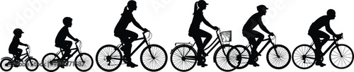 Family riding bicycles silhouette set isolated on white background, parents and children cycling together, black vector illustration of active lifestyle