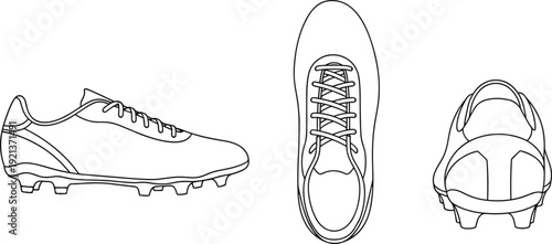 Soccer cleat illustration set, side, top, and rear views with laces, studs, heel design, athletic footwear product artwork, flat vector illustration