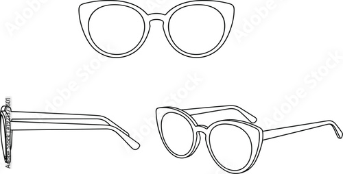 Cat-eye eyeglasses illustration set, front, side, and angled views with sweeping frame edges, temple arms, eyewear fashion artwork, flat vector illustration
