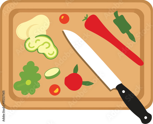 Overhead view illustrates a wooden cutting board prepared for vegetable chopping featuring a chef knife surrounded by fresh ingredients ready for meal preparation or cooking.