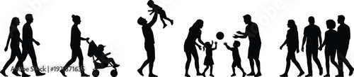 Family people silhouettes showing parents children walking playing caring isolated on white background happy lifestyle parenting love togetherness concept illustration