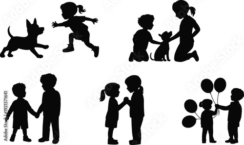 Children interaction silhouettes flat vector, kids lifestyle friendship play bonding activity scene