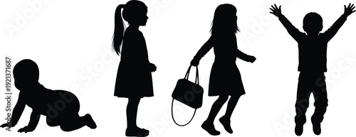 Child growth silhouettes crawling toddler walking jumping development illustration design flat vector