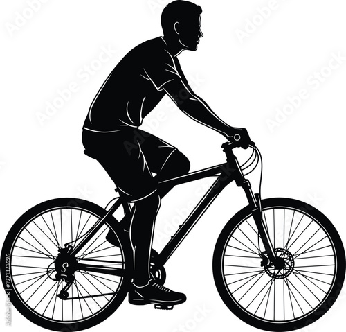 Silhouette of man riding mountain bicycle isolated on white background, cycling sport and eco friendly transportation concept, black vector illustration