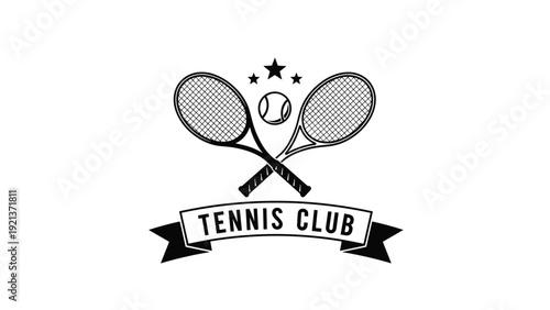 Vintage style tennis club logo featuring two crossed rackets a ball and three stars above a ribbon banner with text.