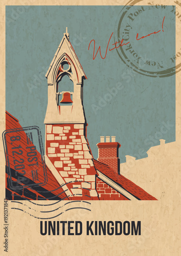 United Kingdom Bell Tower Attraction Postcard, England Medieval Church Popular Place Illustration, Vector Template Retro Style Greeting Card. Vintage Colors, Aged Paper Texture