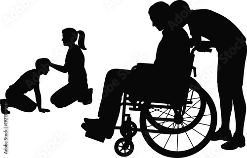 Caregiving support silhouettes flat vector, people lifestyle compassion assistance therapy bonding scene