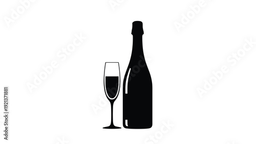 Elegant black silhouette of a champagne bottle and a filled flute glass isolated on a plain white background for design.