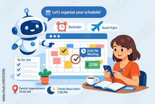 AI assistant scheduling daily tasks and reminders, productivity and time management illustration