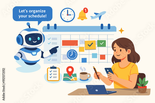 AI personal assistant organizing tasks and schedule, productivity and planning illustration