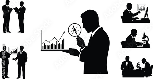 Black silhouettes vector set of professional businessmen analyzing financial data charts and conducting scientific research with microscopes isolated on a white background