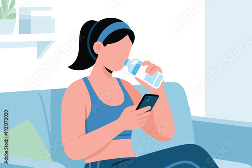 Person in blue sports bra and headband sitting on couch, holding smartphone and drinking water, cartoon illustration of cozy home with plants and books.