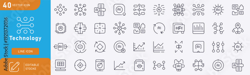 Collection of forty technology and artificial intelligence line icons representing data science neural networks machine learning and digital systems