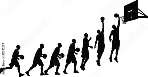 Basketball player silhouettes layup sequence hoop motion sport flat vector