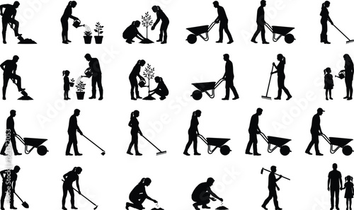 Gardening people silhouettes set showing planting watering raking wheelbarrow family activities isolated on white background vector illustration nature lifestyle concept outdoor garden