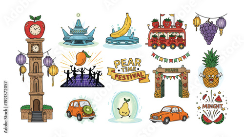 Whimsical Fruit Fiesta: A delightful collection of playful fruit illustrations, each with its unique charm, perfect for adding a touch of sweetness and cheer to any creative project.