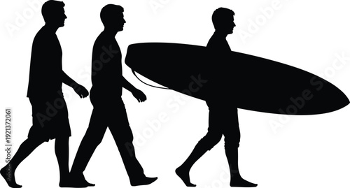 Beach silhouettes surfing walking leisure lifestyle activity illustration design flat vector