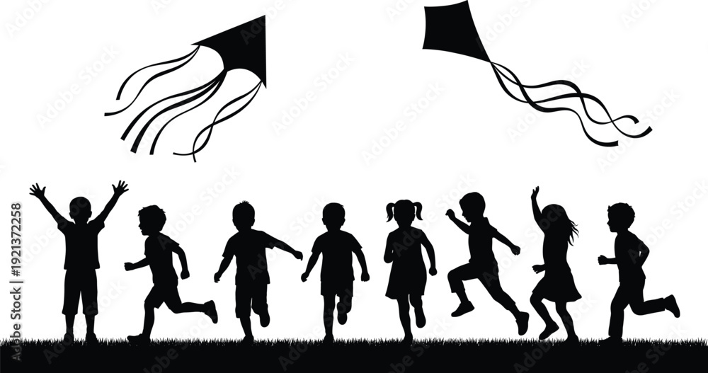 Obraz premium Happy children silhouettes flying kites outdoors showing playful childhood freedom teamwork and joy in nature isolated on white background illustration design concept