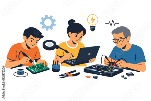 Electronics repair workshop illustration, DIY tech fixing and maker teamwork scene