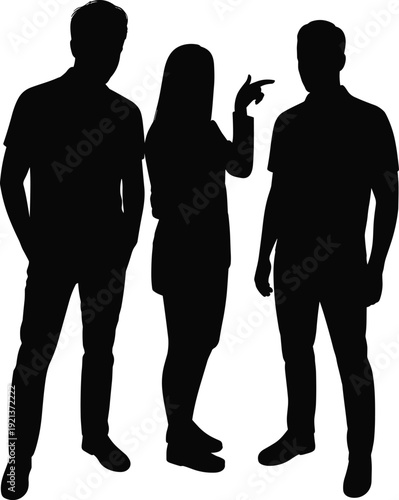 Silhouettes of three young people standing together, casual men and woman isolated on white background