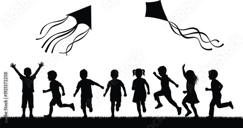Happy children silhouettes flying kites outdoors showing playful childhood freedom teamwork and joy in nature isolated on white background illustration design concept