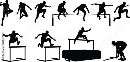 Athletic jumping silhouettes showing high jump, hurdles, pole vault flat vector