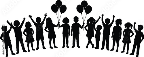 Happy children silhouettes group with kids holding balloons cheering celebrating together isolated black vector illustration set for childhood fun education concept