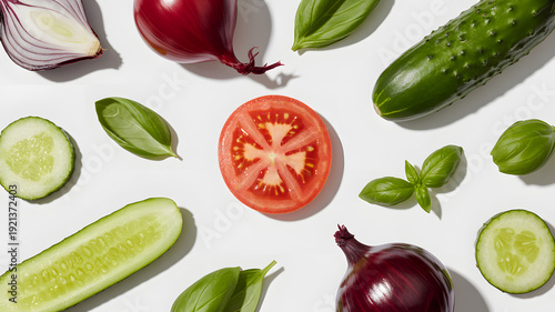 A vibrant arrangement of fresh vegetables and herbs on a clean white background
