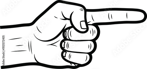 Pointing hand gesture illustration isolated on white background, finger pointing right direction symbol, black outline vector graphic