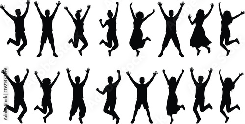 Happy jumping people silhouettes set showing celebration joy freedom success and positive energy isolated on white background for creative design and marketing projects