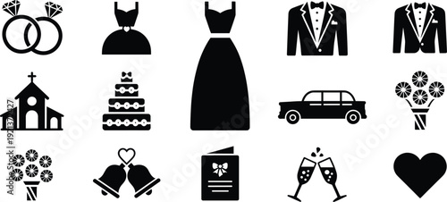 Wedding icon set collection, bride groom dress rings cake church car bouquet isolated black silhouette symbols