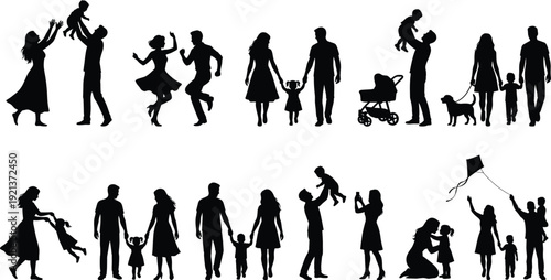 Happy family silhouettes collection with parents children playing walking dancing parenting moments isolated black vector illustration set for lifestyle love concept