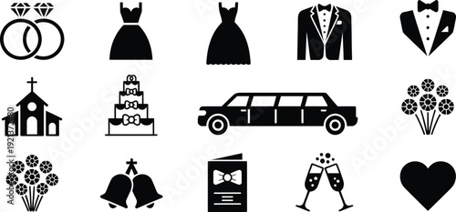 Wedding icons set including rings dress tuxedo cake limousine church flowers and champagne glasses 
