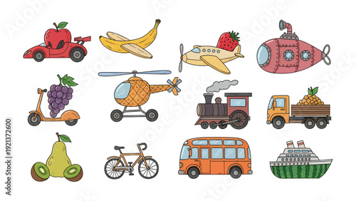 Playful Transport Cartoon: A vibrant collection of whimsical transport illustrations, each creatively transformed with fruit and vegetable elements, forming an exciting world of playful travel.