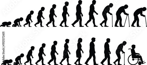 Human life cycle evolution silhouettes from baby crawling to elderly walking and wheelchair, aging process, lifespan stages, health and development concept illustration