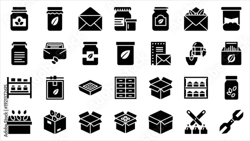 Collection of black and white icons representing office supplies and packaging materials on a clean white background