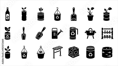 Collection of black icons representing various gardening tools and plants on a white background viewed from directly above