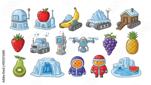 Whimsical Fruit and Toy Collection: A vibrant collection of playful illustrations featuring a blend of fruits and imaginative toy-like structures.