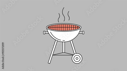 Flat line art illustration of a charcoal kettle barbecue grill with smoke rising from red hot glowing coals on a neutral grey background.