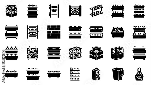 Collection of various black and white icons representing different furniture and interior design elements in a grid layout.