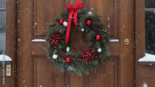 Christmas Wreath on Doorway in Falling Snow