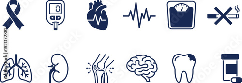 Medical health icons set showing heart, lungs, brain, kidney, glucose meter, weight scale, no smoking, wellness symbols illustration for healthcare awareness design vector