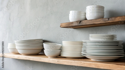 Stacked White Dishes on Rustic Wooden Shelf